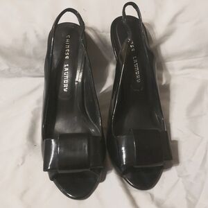 Chinese laundry black patent bow heel